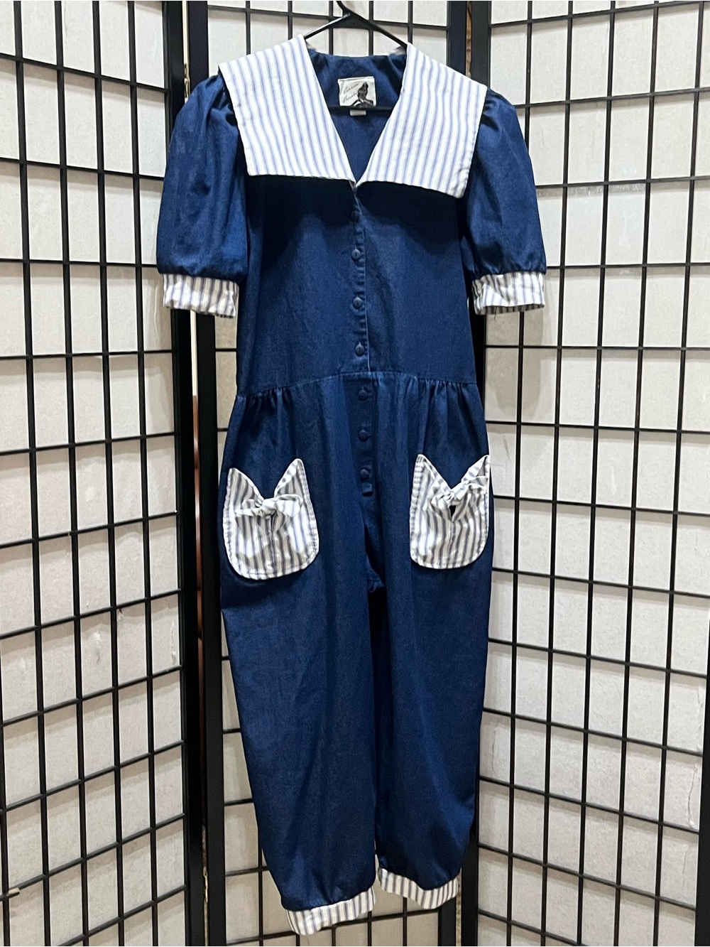 VINTAGE CARRIES CASUALS Navy Blue Cotton Jumpsuit Striped Collar & Pockets SZ L